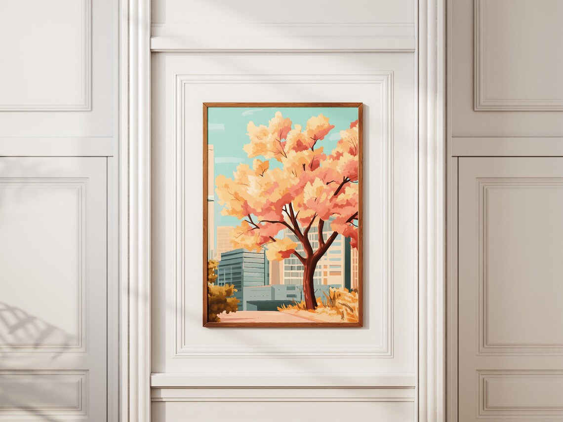 Modern City Towers Behind Blossoming Peach Autumn Tree Art Poster - Image 2