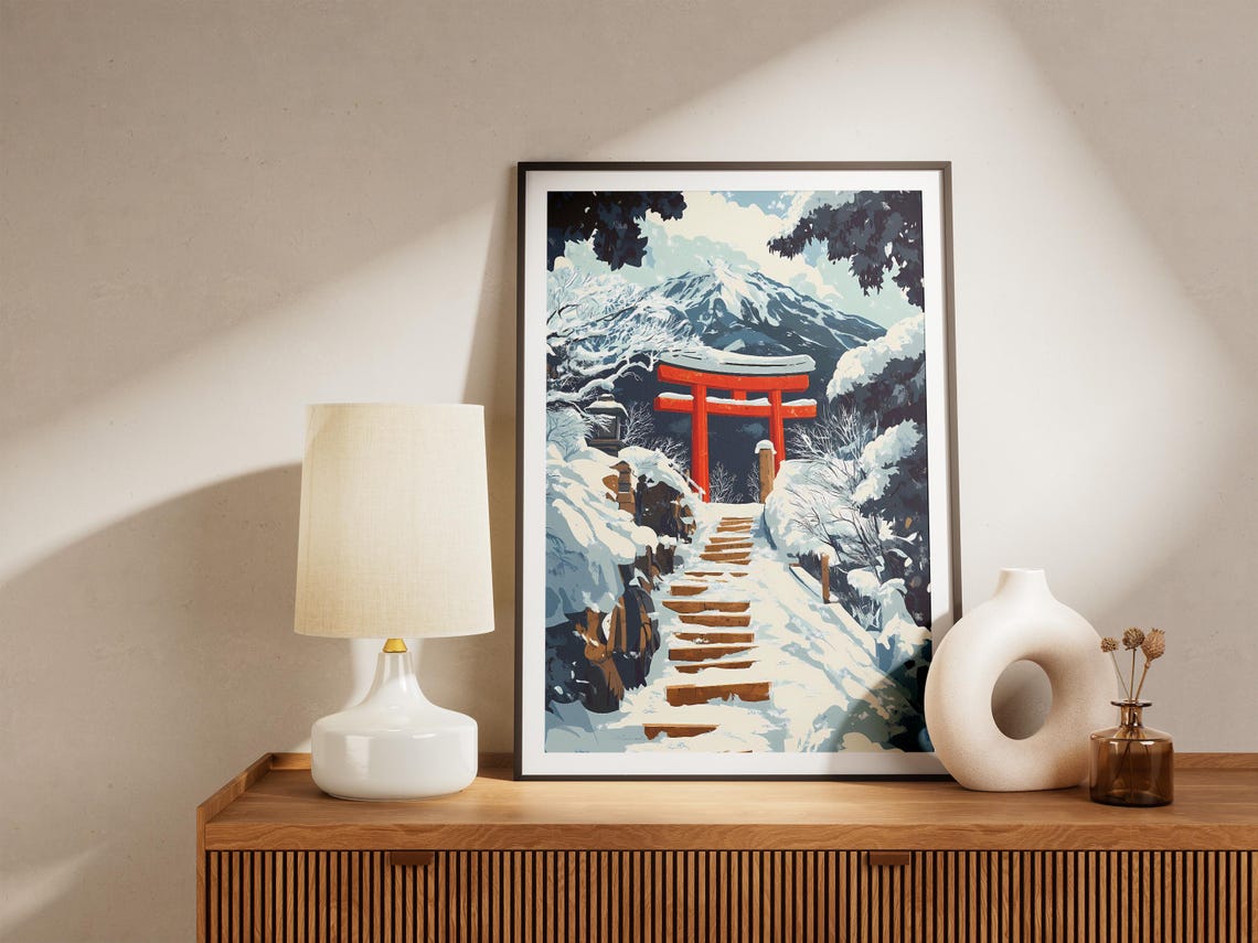 Snow Covered Shrine Steps Red Torii Gate Winter Japan Poster - Image 5