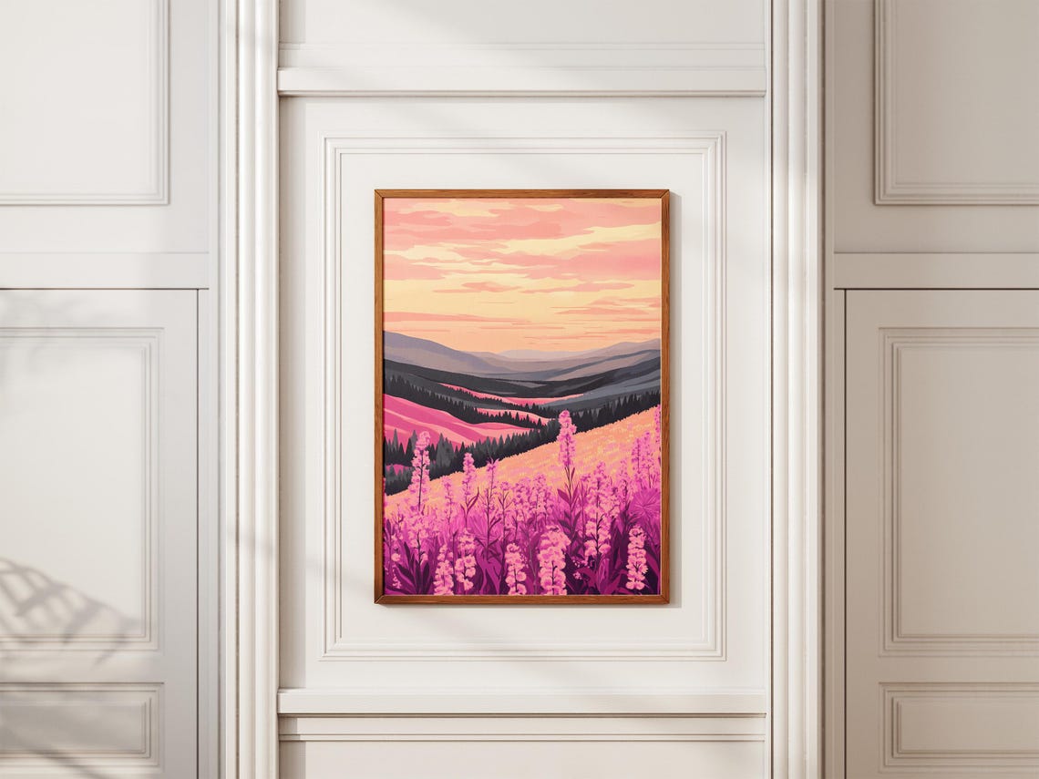 Pink Fireweed Valley Sunset Landscape Poster with Mountain View - Image 2