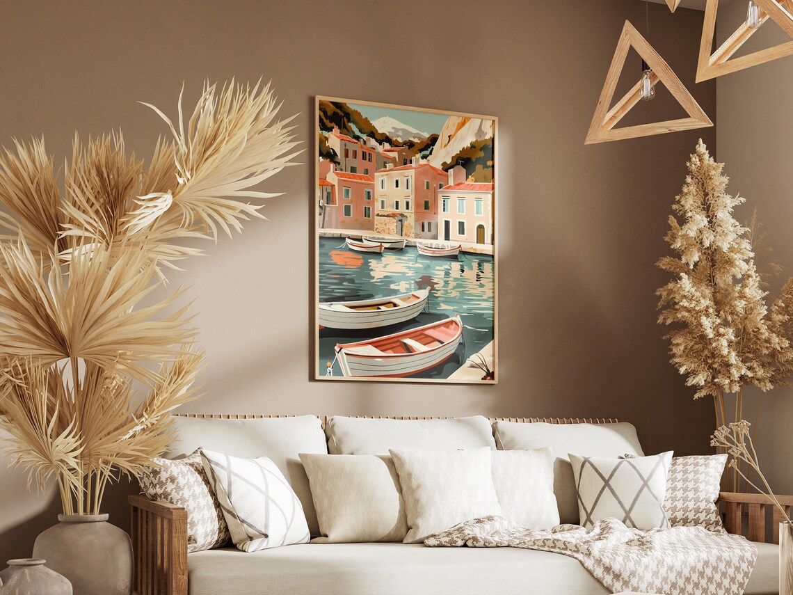 Mediterranean Harbor Village With Moored White Rowboats Poster - Image 3