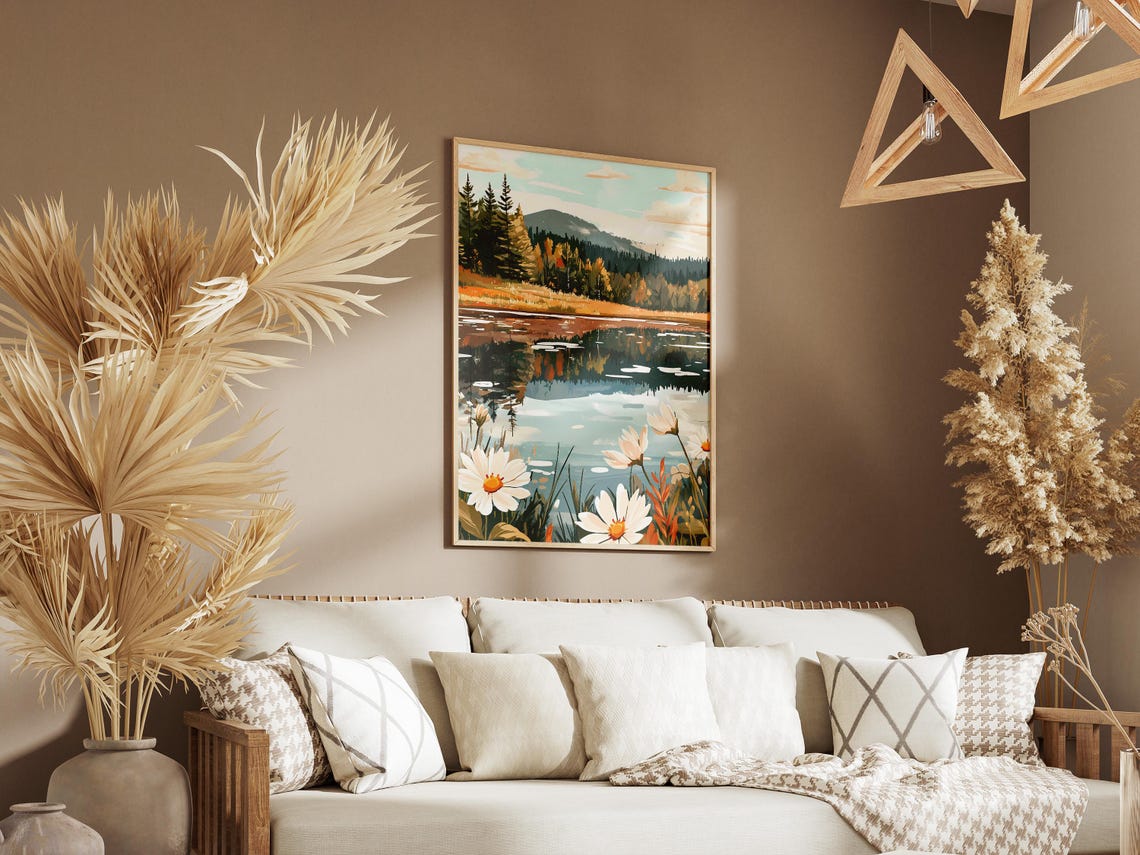 Alpine Lake with Daisies and Autumn Forest Reflection Poster - Image 3