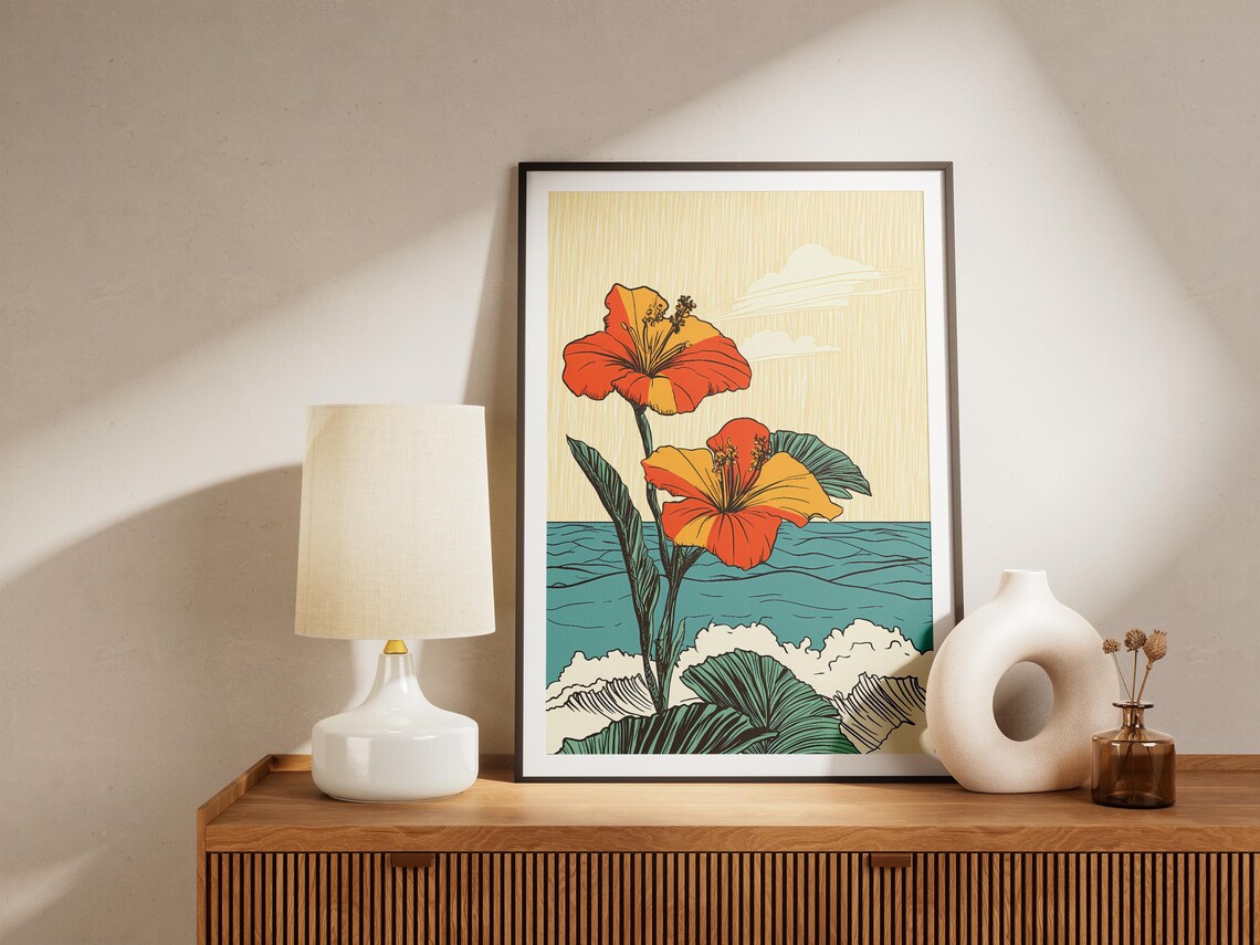 Vivid Orange Hibiscus Flowers Blooming Over Teal Ocean Waves Poster - Image 5