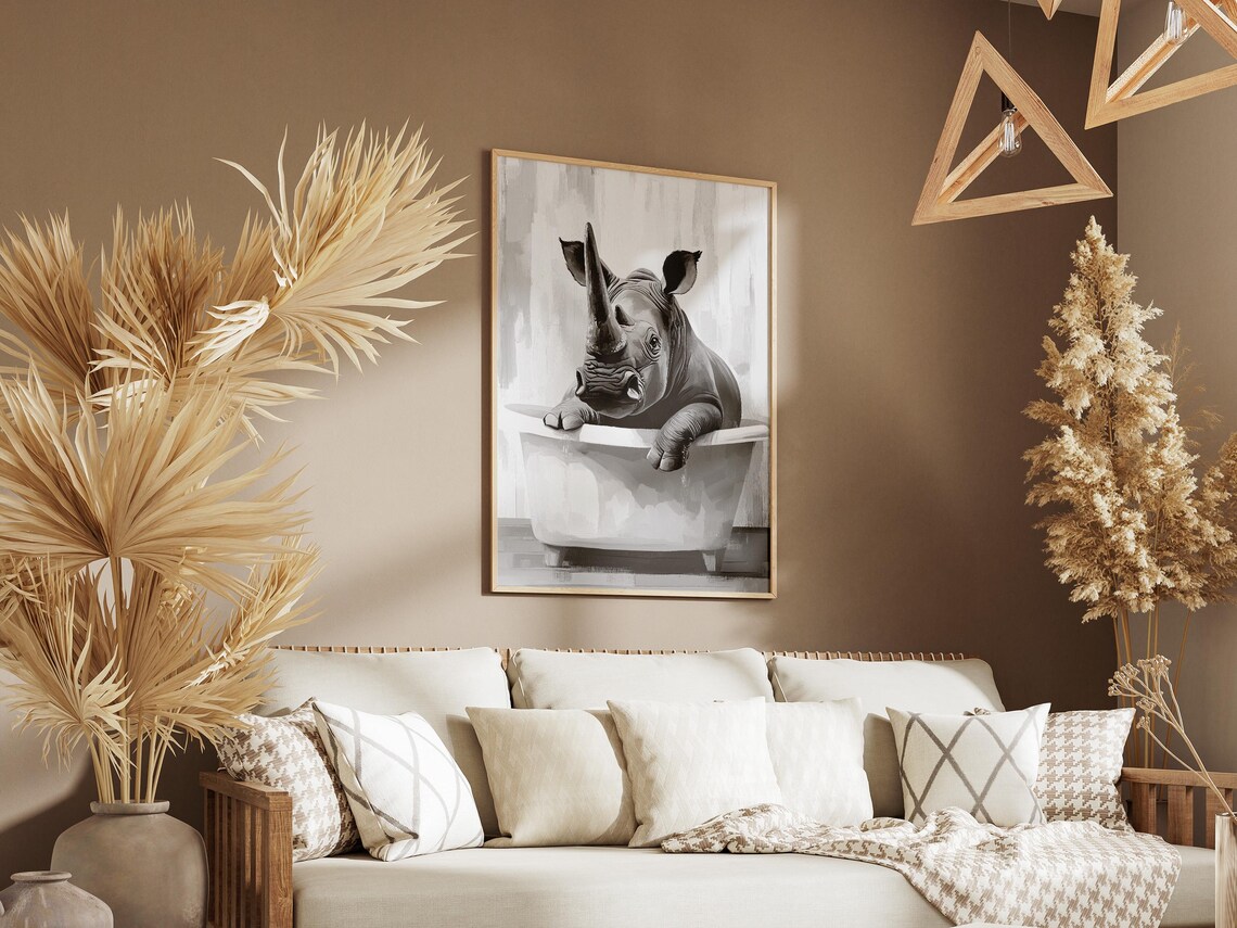 Rhino in Bathtub Funny Minimalist Black and White Animal Poster - Image 3