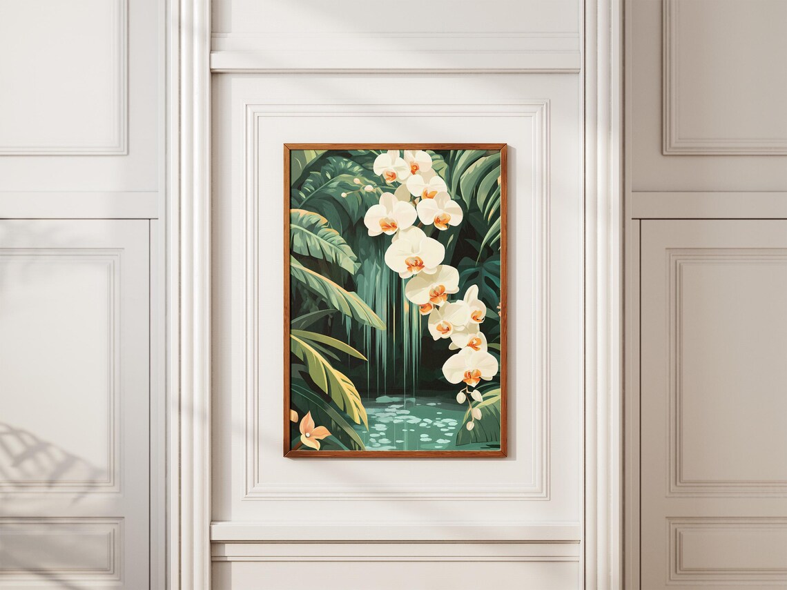 White Orchid Spray in a Tropical Rainforest Waterfall Poster - Image 2