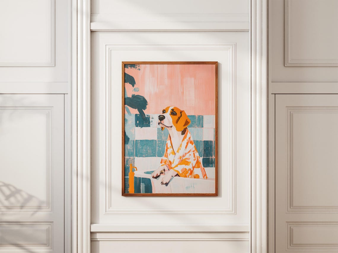 Beagle Dog Tying On a Bright Orange Patterned Bathrobe Poster - Image 2