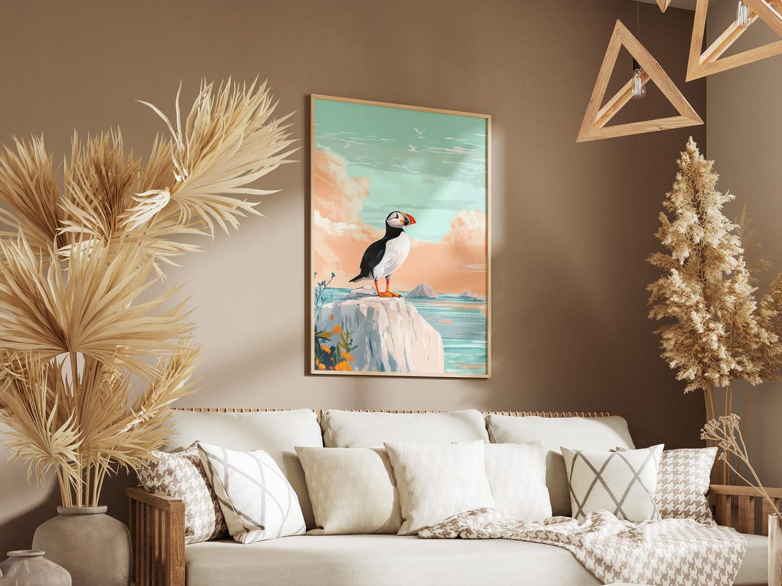 Puffin on a White Cliff with Orange Flowers Coastal Art Poster - Image 3
