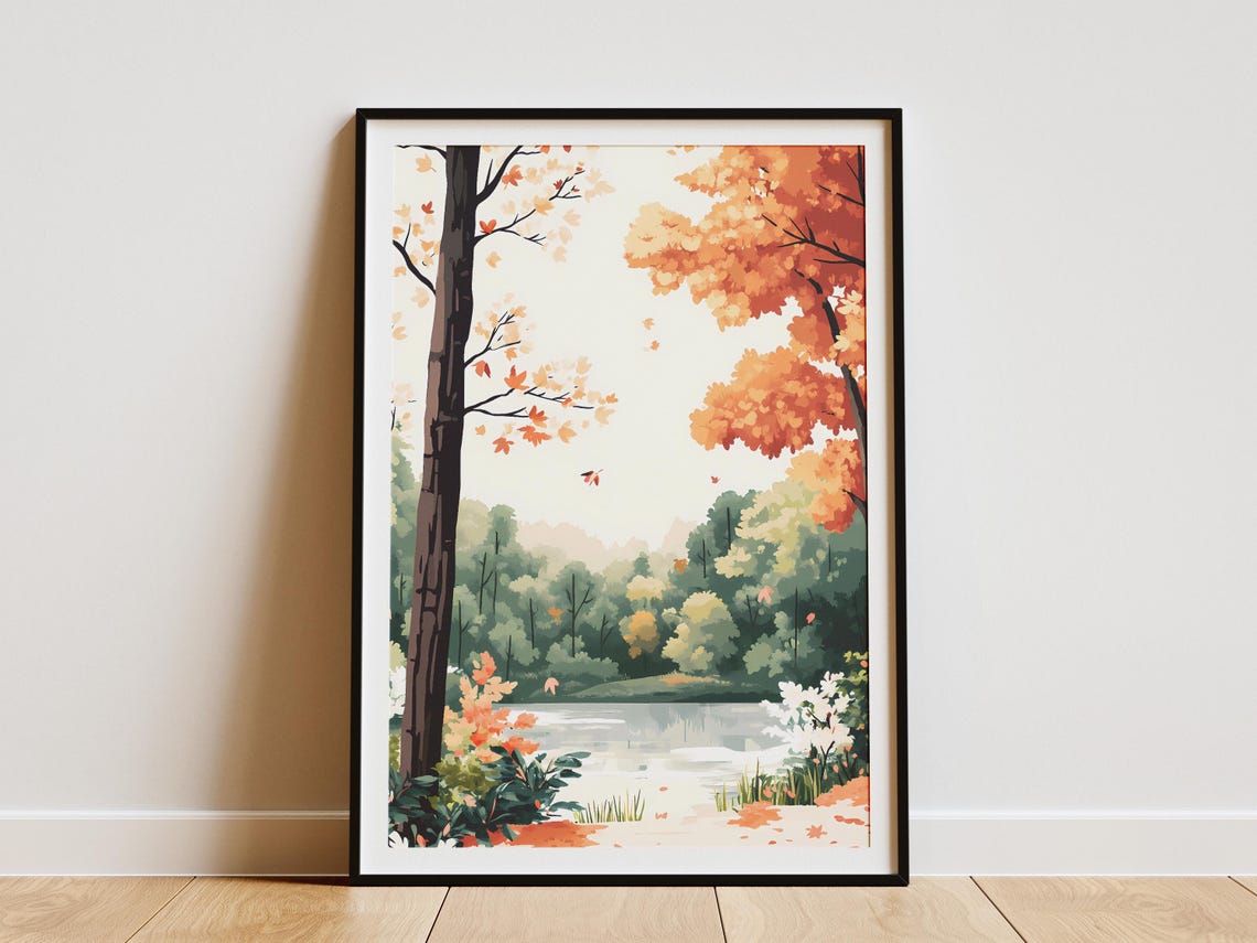 Autumn Lake With Orange Maples And Drifting Falling Leaves Poster