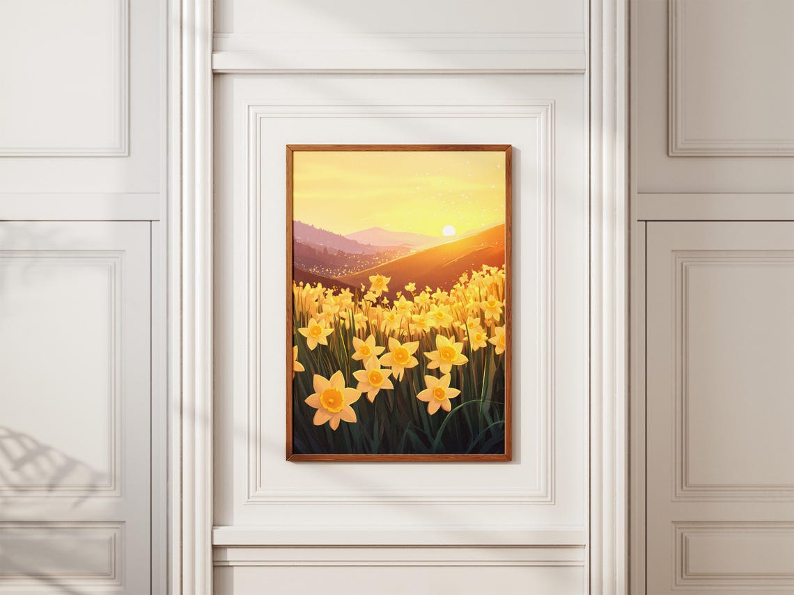 Golden Daffodil Hillside Sunrise Spring Meadow Landscape Poster - Image 2