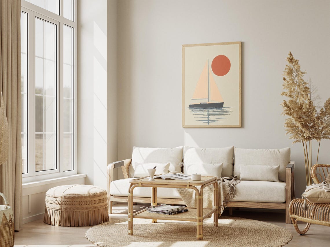 Minimalist Sailboat Drifting Under a Burnt Orange Sun Nautical Poster - Image 4