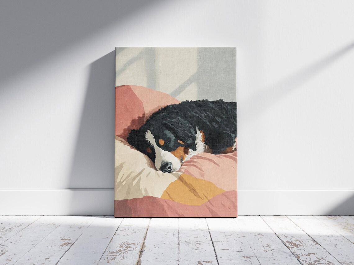 Bernese Mountain Dog Sleeping on Pink Bedding Cozy Pet Art Poster - Image 2