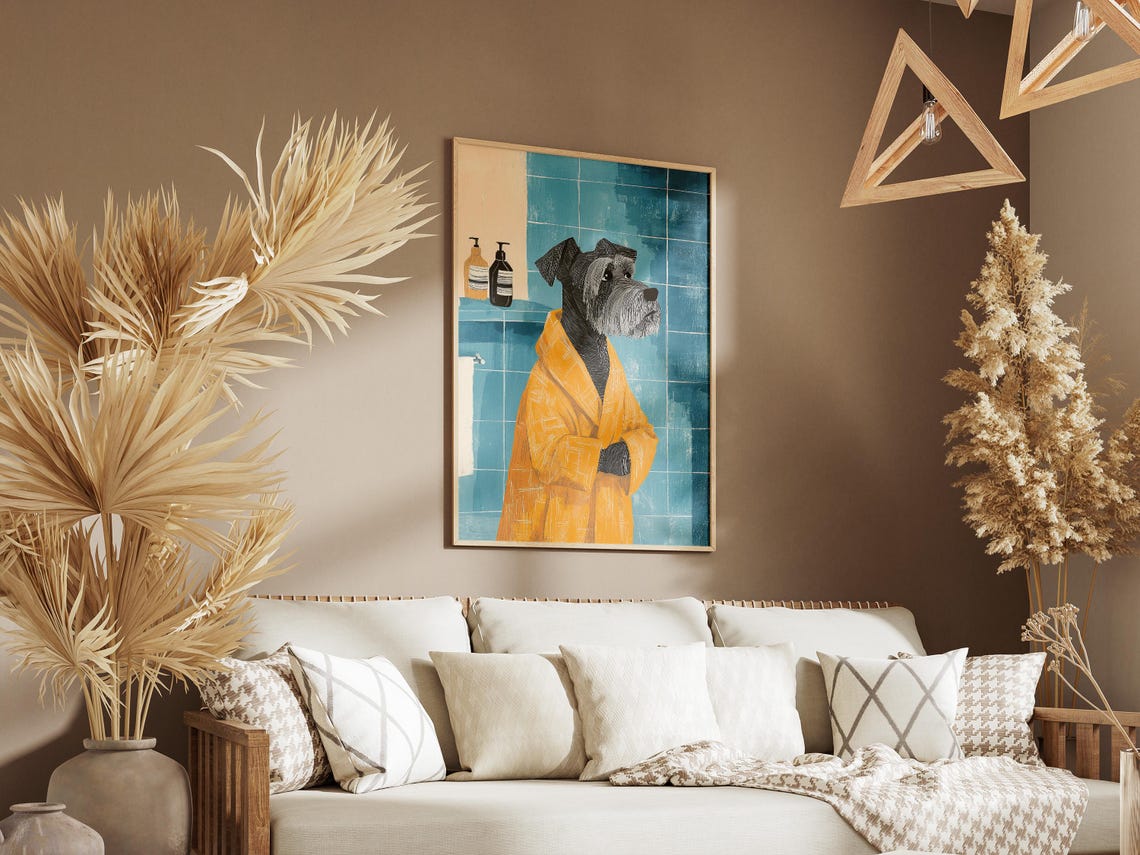 Miniature Schnauzer in Yellow Bathrobe Blue Tile Bathroom Dog Poster - Image 3