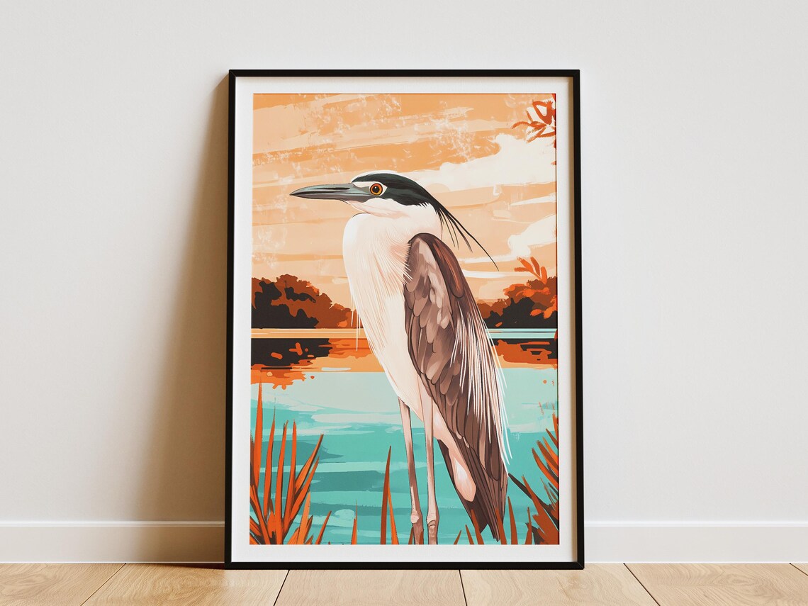 Black-Crowned Night Heron Portrait at Sunset Lagoon Art Poster
