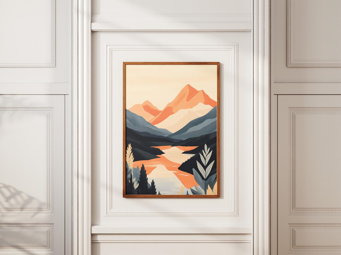 Coral Mountain Peaks Over Winding River Dusk Landscape Poster - Image 2