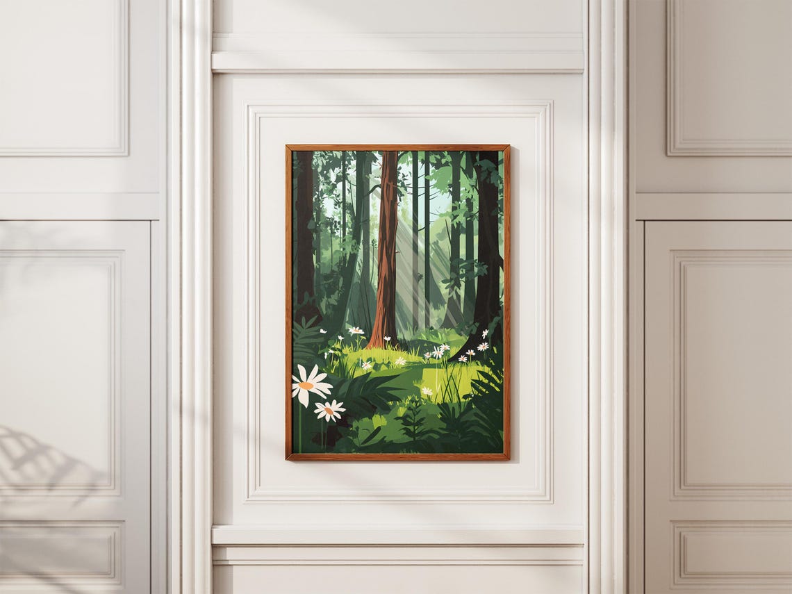 Sunlit Redwood Forest Clearing Daisy Meadow Botanical Poster - Image 2