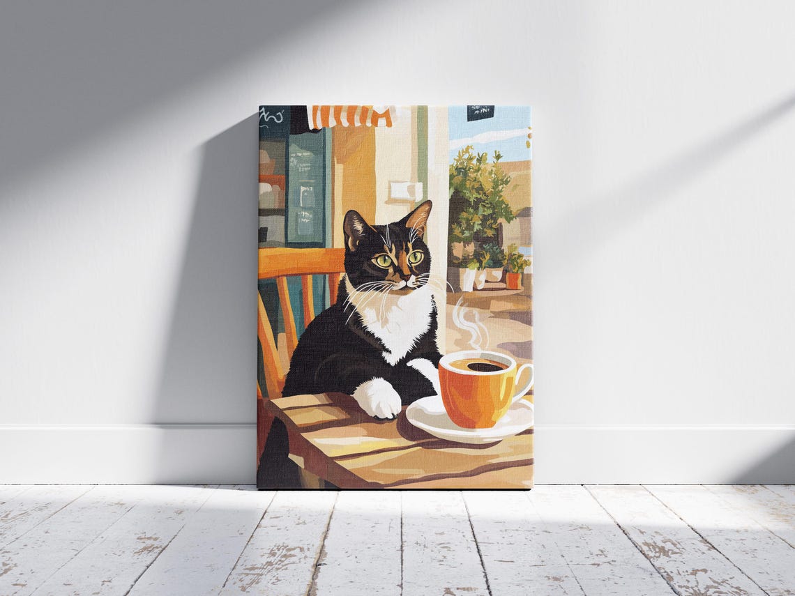 Tuxedo Cat Coffee Lover Poster Whimsical Cafe Cat Wall Decor - Image 2