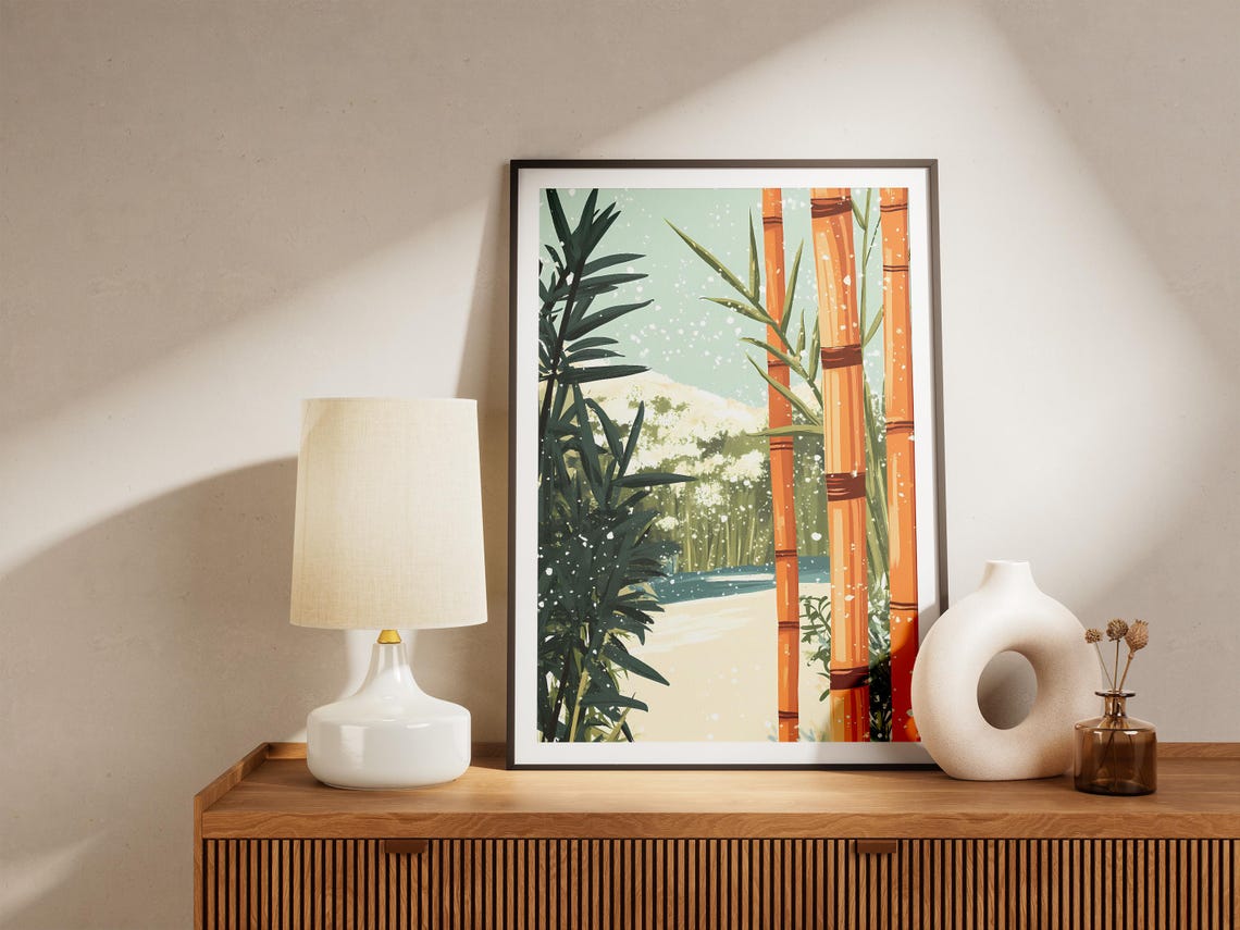 Snow Falling on Orange Bamboo Stalks Beside a Garden Pond Poster - Image 5