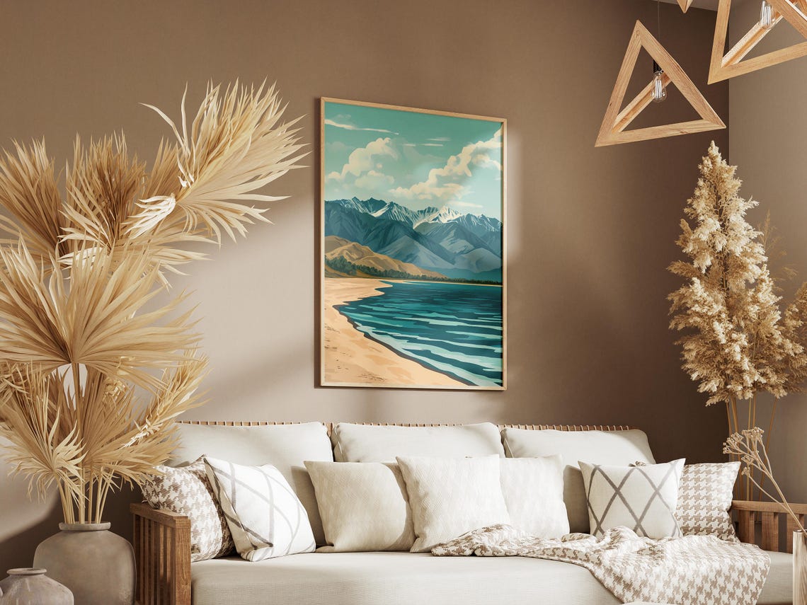 Issyk Kul Lake Kyrgyzstan Poster Mountain Lake Art Print Travel Poster Kyrgyzstan Landscape Illustration Flat Minimalist Lake Print Nature - Image 3