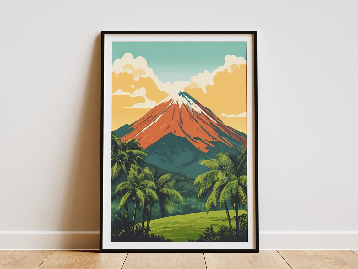 Perfect Cone Volcano Surrounded By Lush Palm Trees Travel Poster