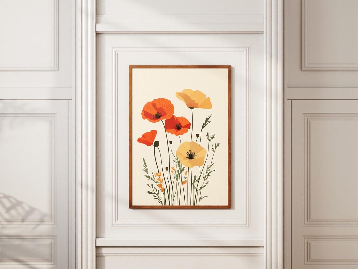 Orange And Yellow Poppies Minimalist Botanical Floral Art Poster - Image 2