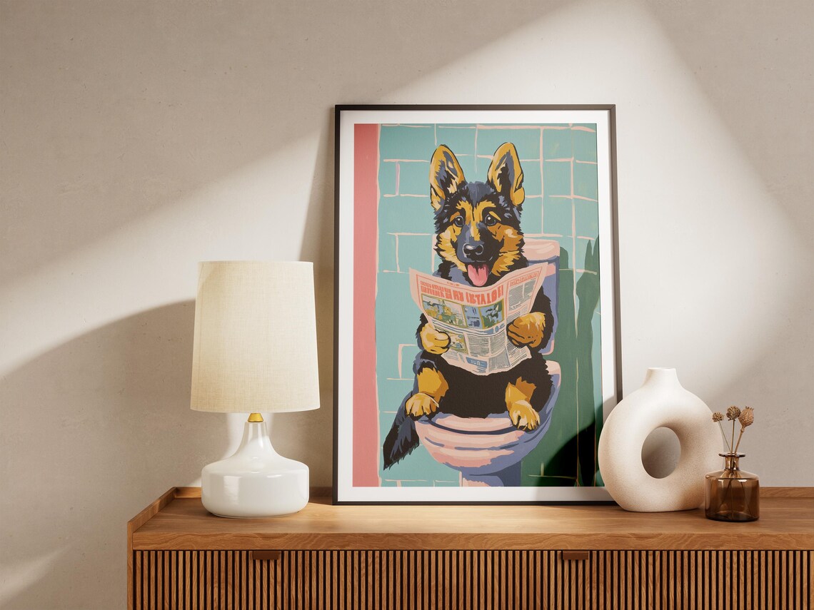 German Shepherd Puppy Reading Newspaper on Toilet Funny Poster - Image 4