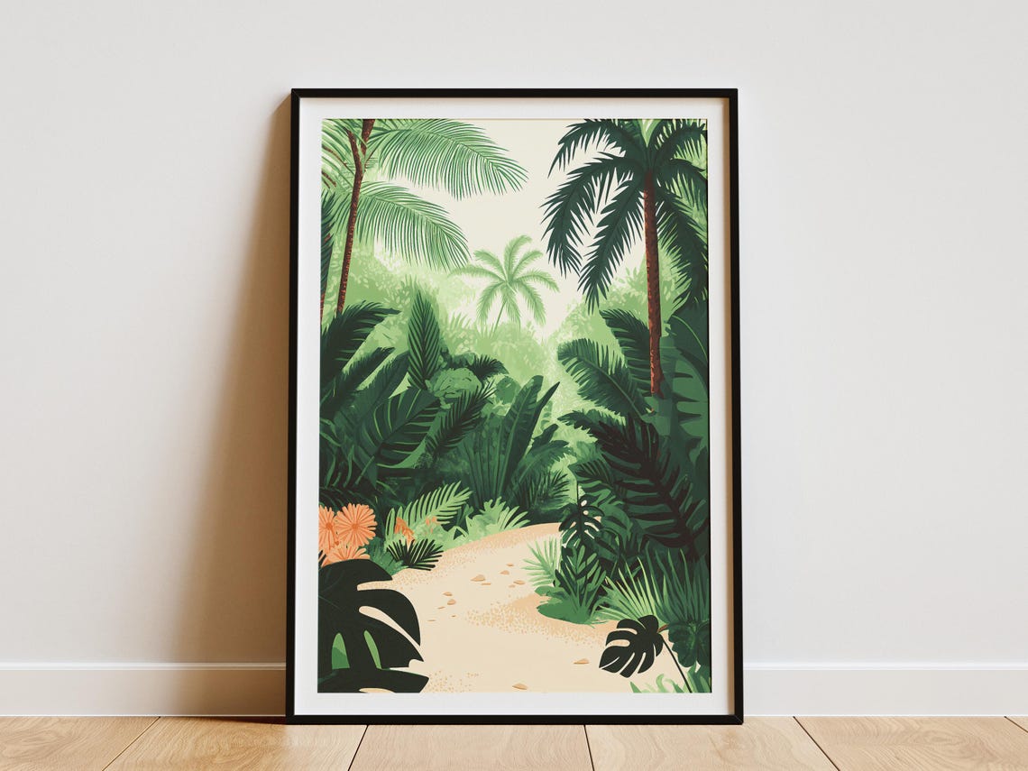 Lush Rainforest Path Palms Monstera Leaves Sandy Trail Poster