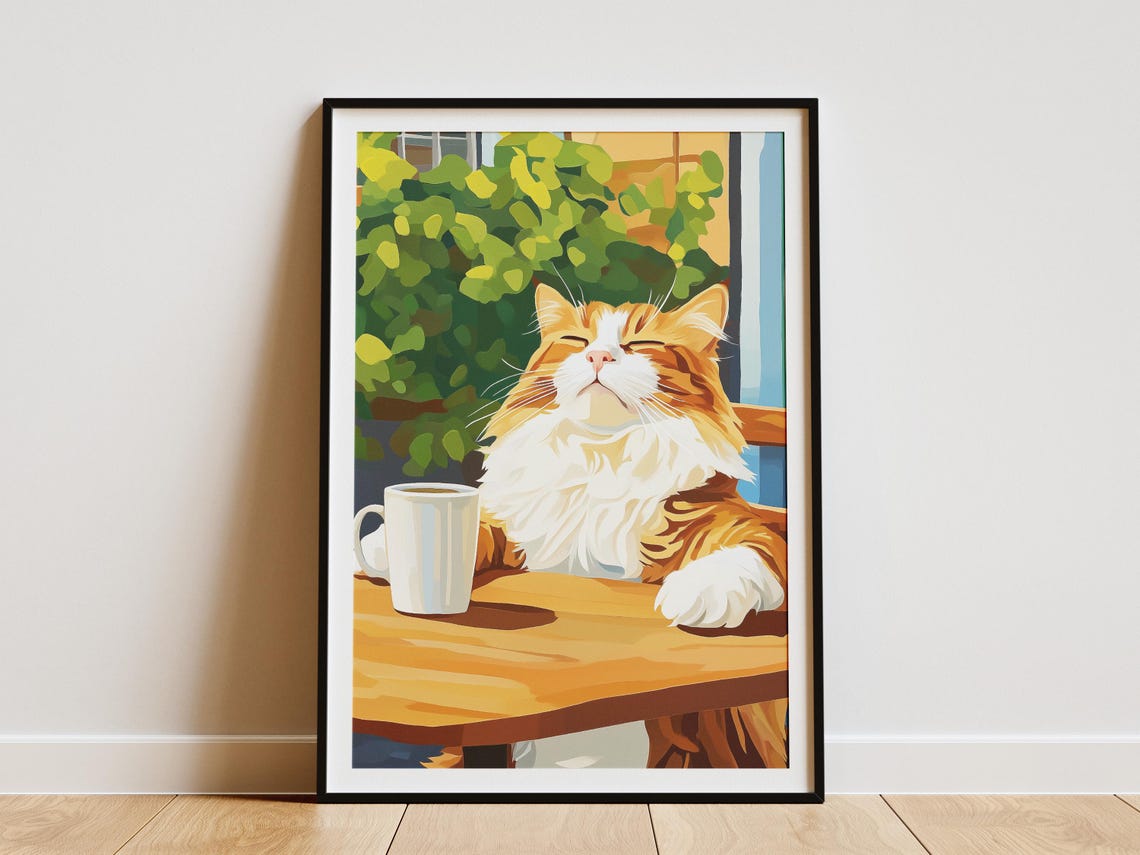 Fluffy Orange Cat Relaxing With Coffee Cozy Cafe Table Poster