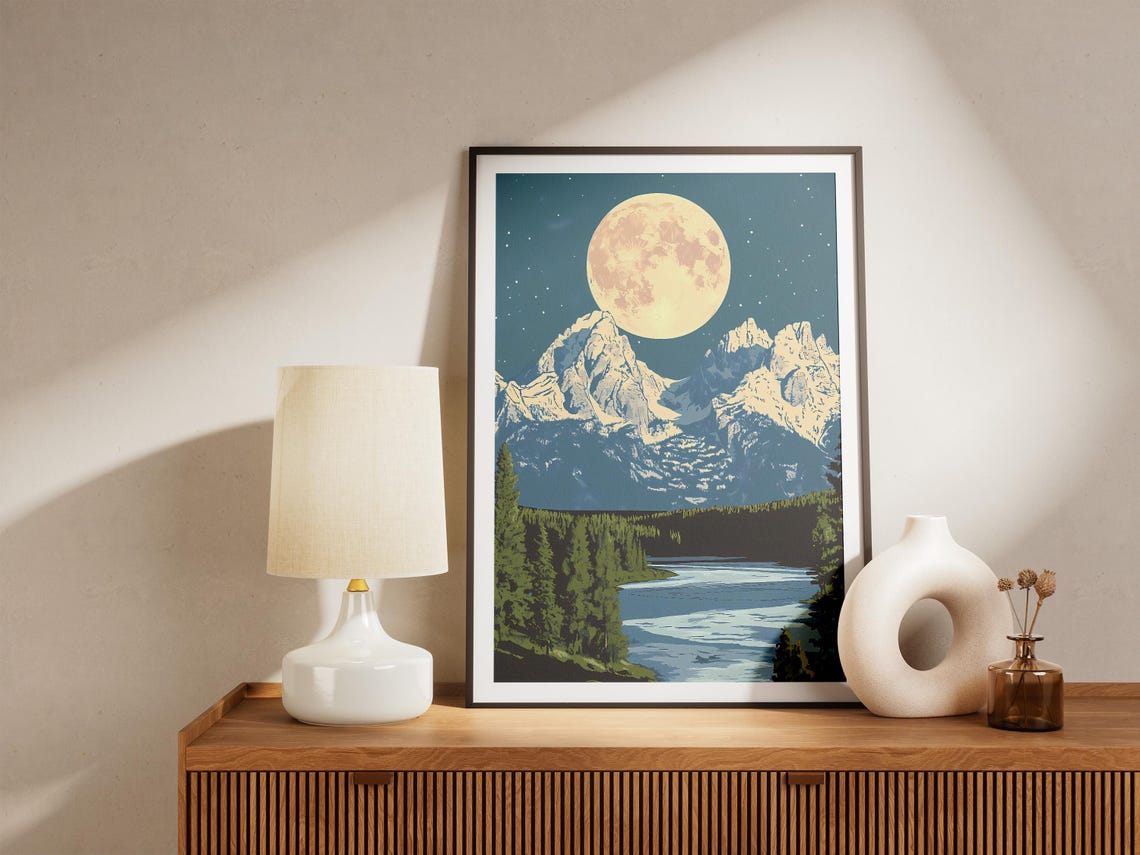 Grand Teton National Park Poster Wyoming Moonlit Landscape Print Mountains Art Vintage Style Travel Nature Photography Wall Decor - Image 4