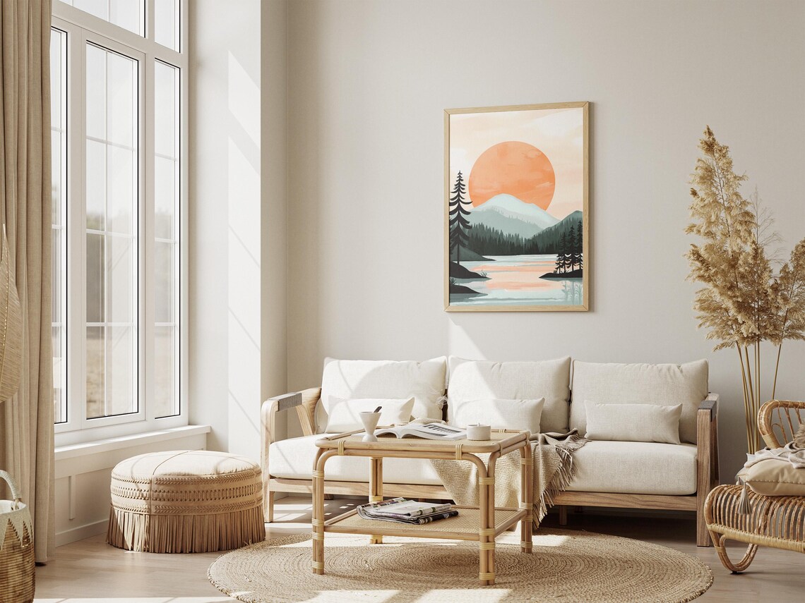Giant Peach Sun Over Calm Mountain Lake Pines Minimalist Poster - Image 4
