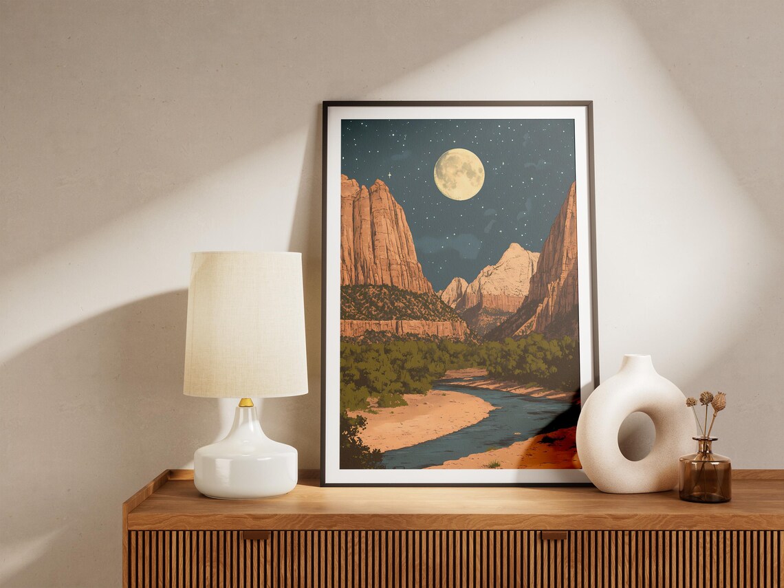 Zion National Park Utah Moonlit Desert Canyon River Starry Night Poster - Image 4
