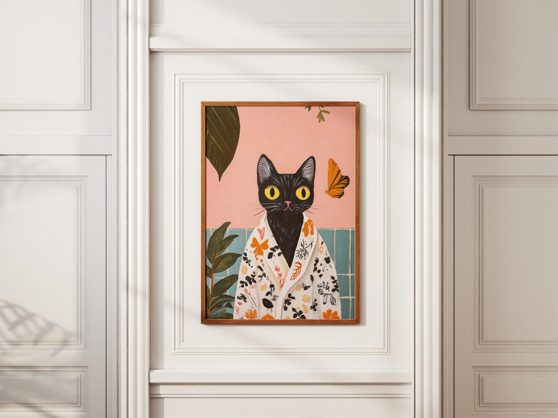 Black Cat in Floral Bathrobe with Butterfly Botanical Wall Poster - Image 2