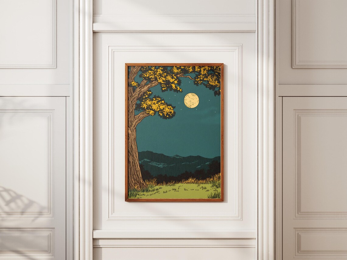 Full Moon Night Landscape Tree Mountains Serene Woodland Art Poster - Image 2