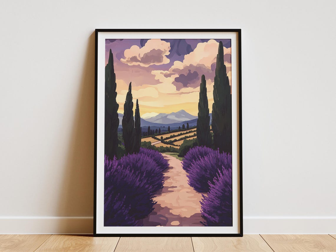 Lavender Field Path Sunset Cypress Trees Romantic Landscape Poster