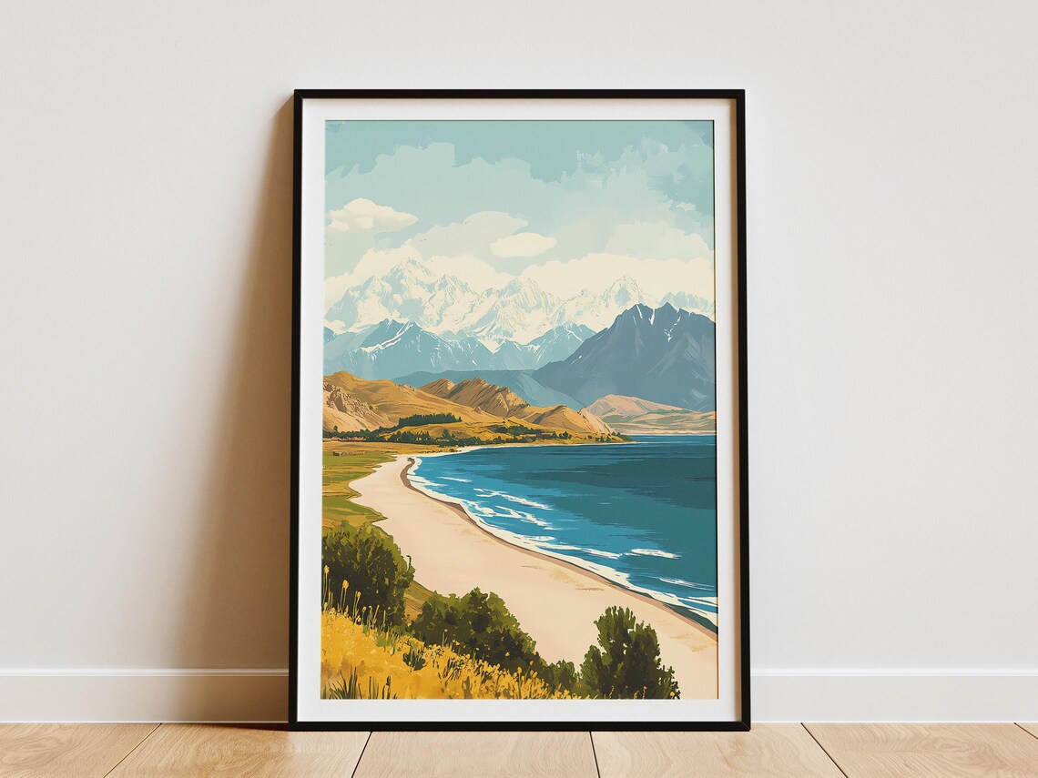 Issyk Kul Lake Kyrgyzstan Snow Capped Mountains Beach Travel Poster