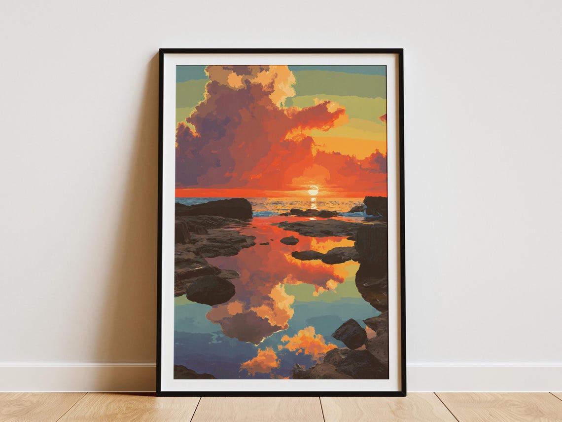 Fiery Sunset Rocky Tide Pools Mirror Reflection Ocean Poster
