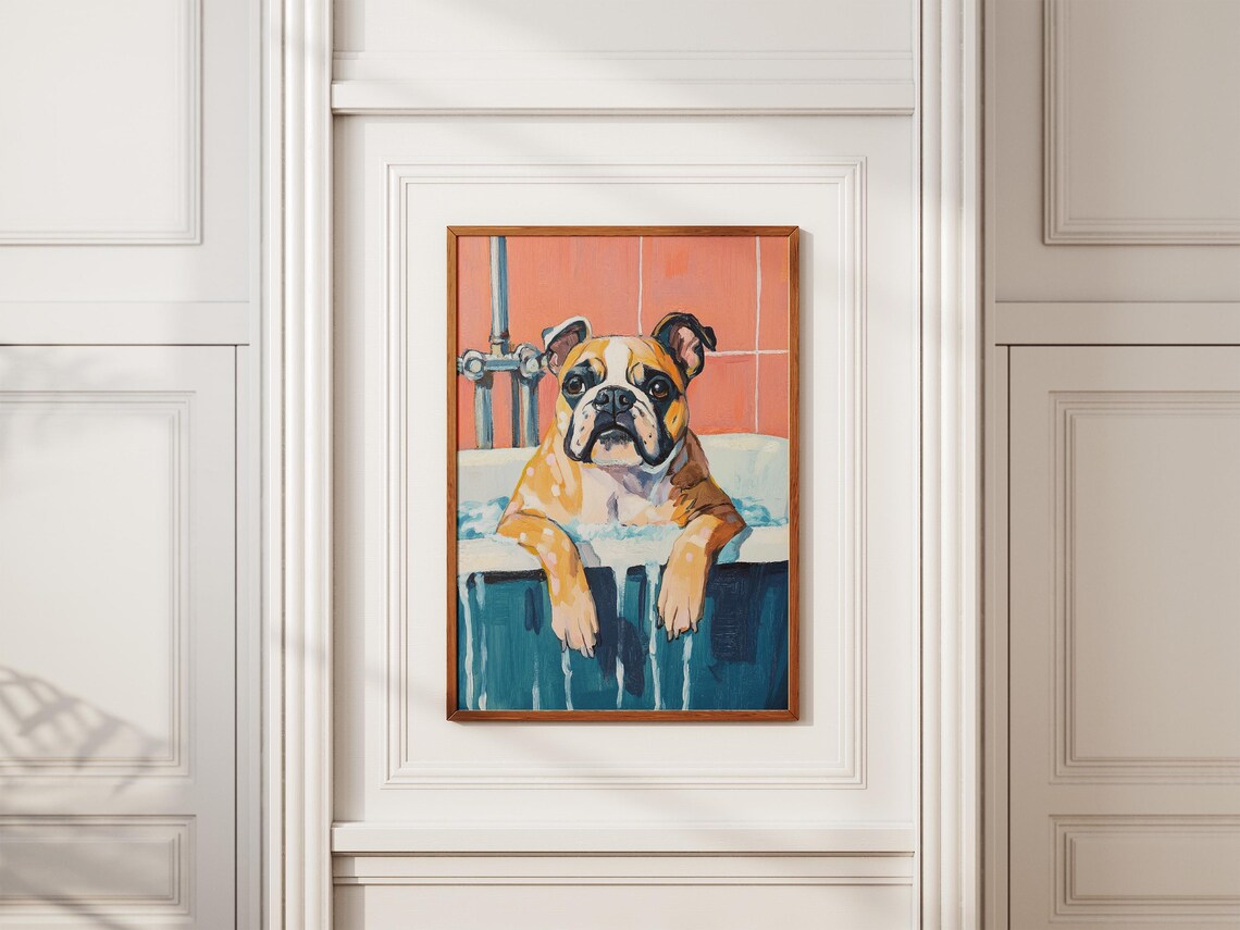 Wrinkly Bulldog Lounging in a Foamy Bathtub by Coral Tiles Poster - Image 2