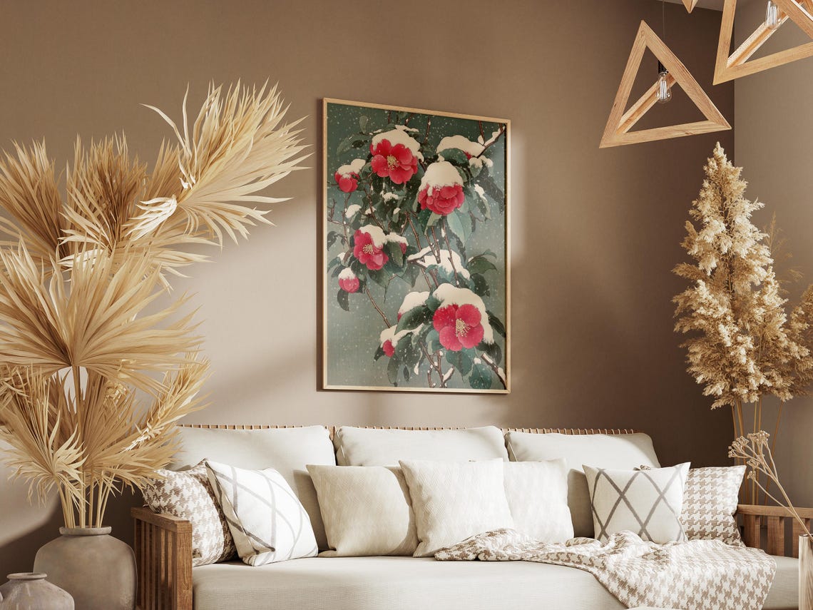 Japanese Camellias In Snow Poster Winter Floral Print Asian Art Botanical Wall Decor Japanese Woodblock Print Winter Decor Floral Art Print - Image 3