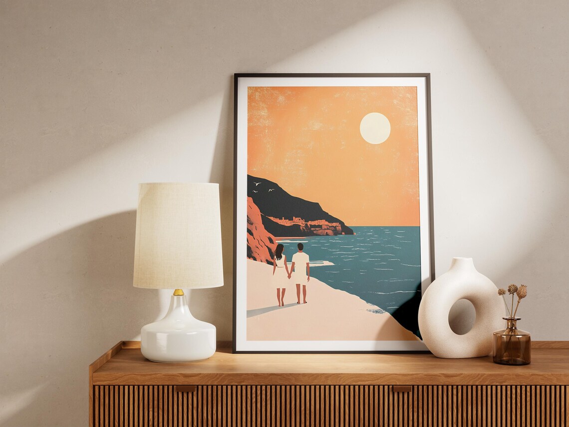 Minimalist Couple Watching Sunset On A Golden Cliff Beach Poster - Image 5