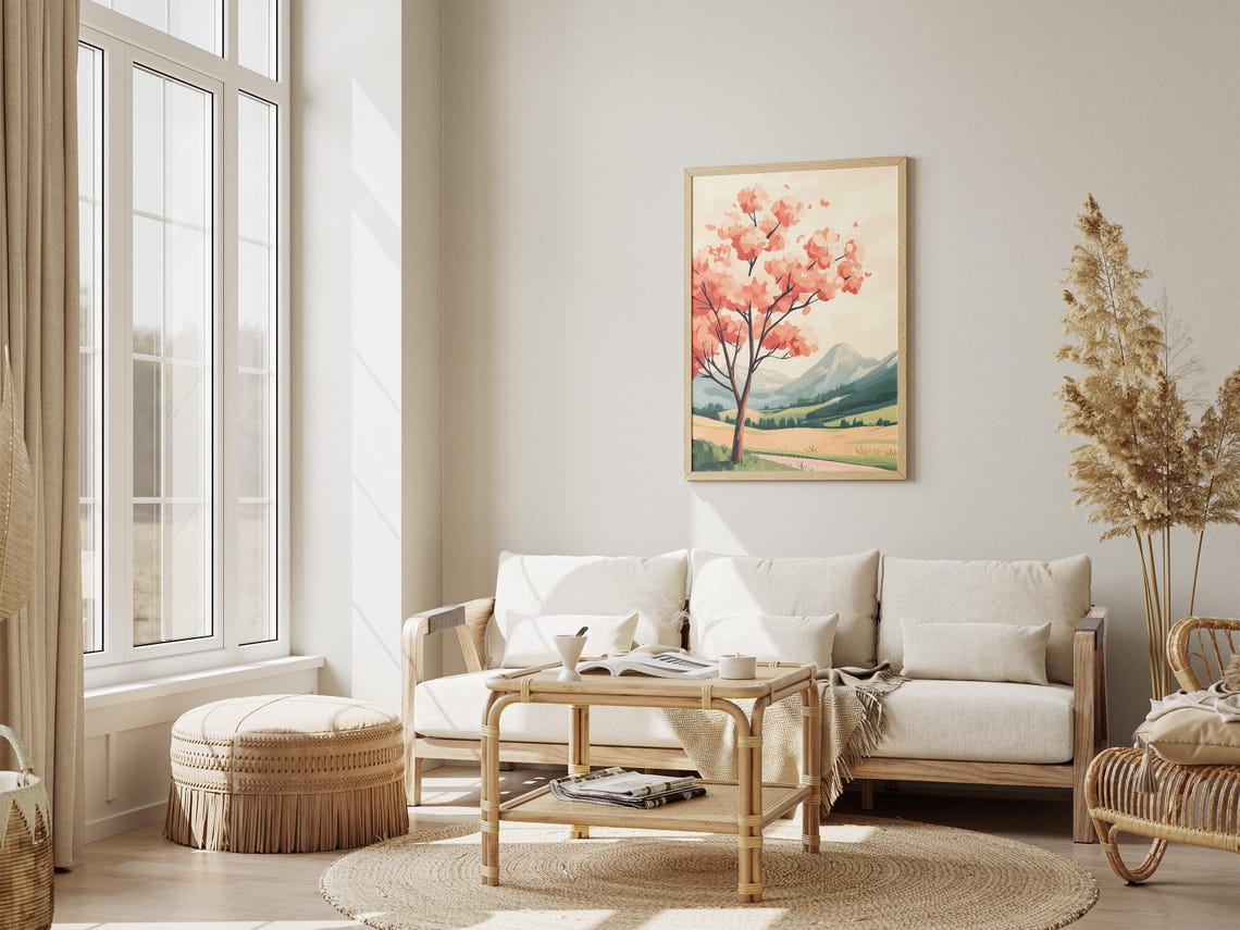 Coral Blossom Tree Standing in a Green Mountain Meadow Poster - Image 4