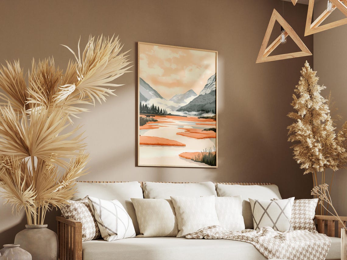 Misty Orange Lake Between Foggy Pine-Covered Mountains Poster - Image 3
