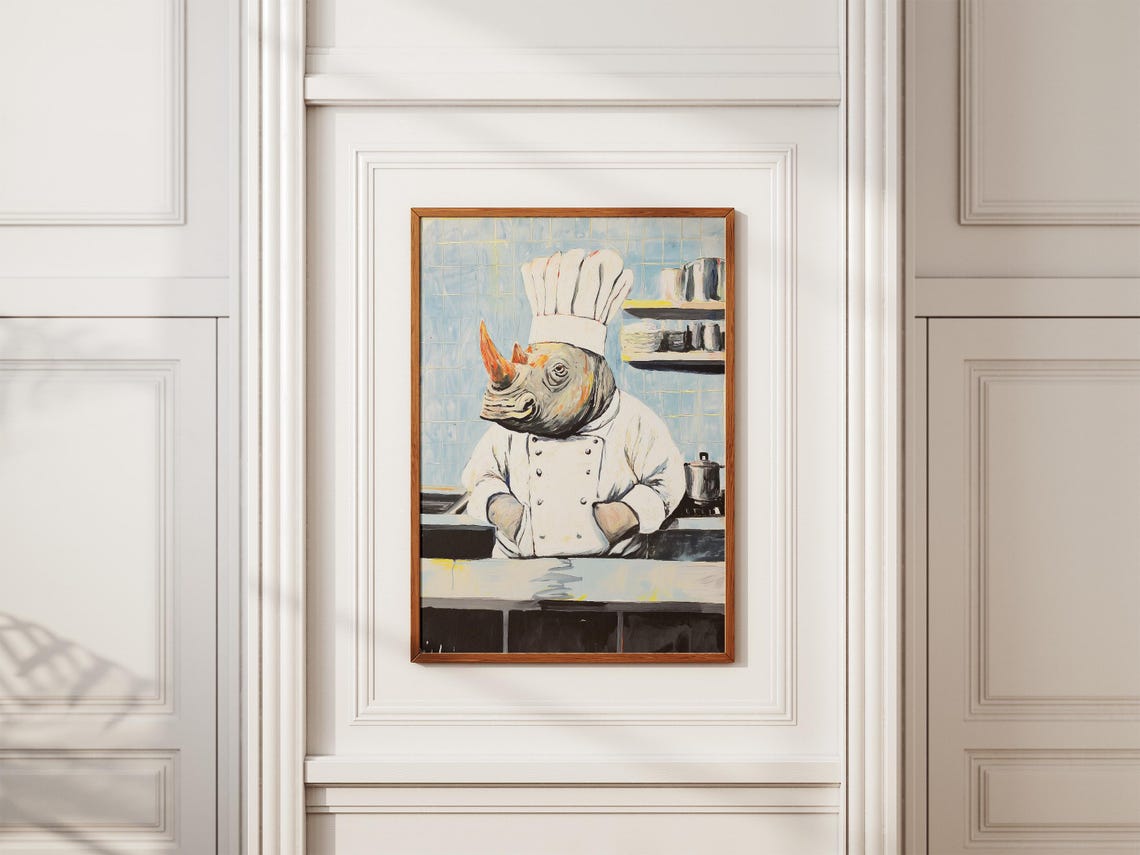 Burly Rhino Chef At Kitchen Counter Against Blue Tile Wall Poster - Image 2