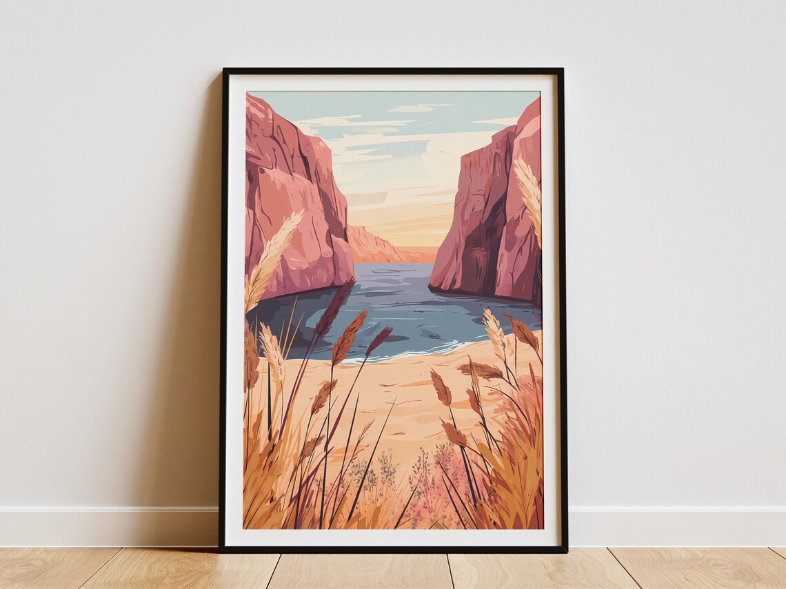 Sunset Over Red Rock Canyon Lake Golden Hour Illustration Poster