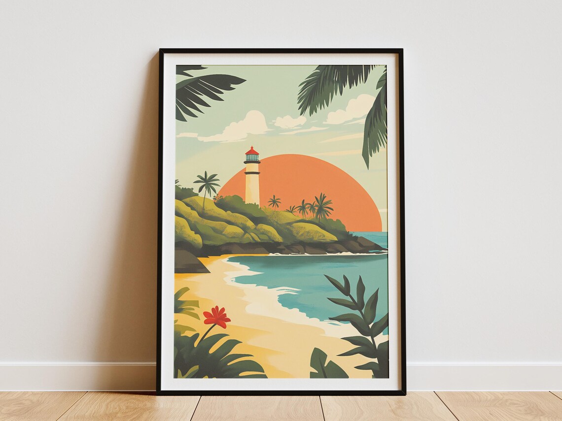 Tonga Island Lighthouse Tropical Sunset Palm Beach Art Poster