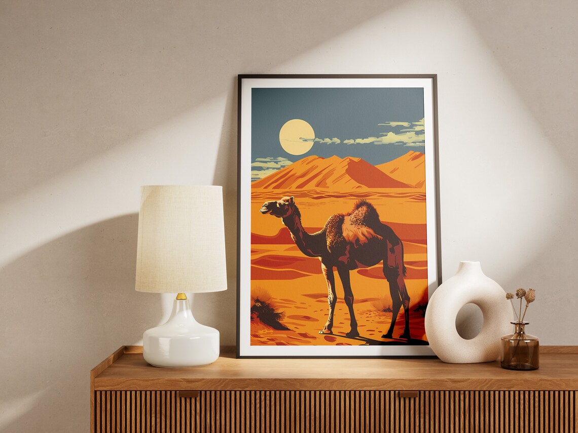 Camel Desert Sunset Vintage Mid Century Modern Dune Landscape Poster - Image 2