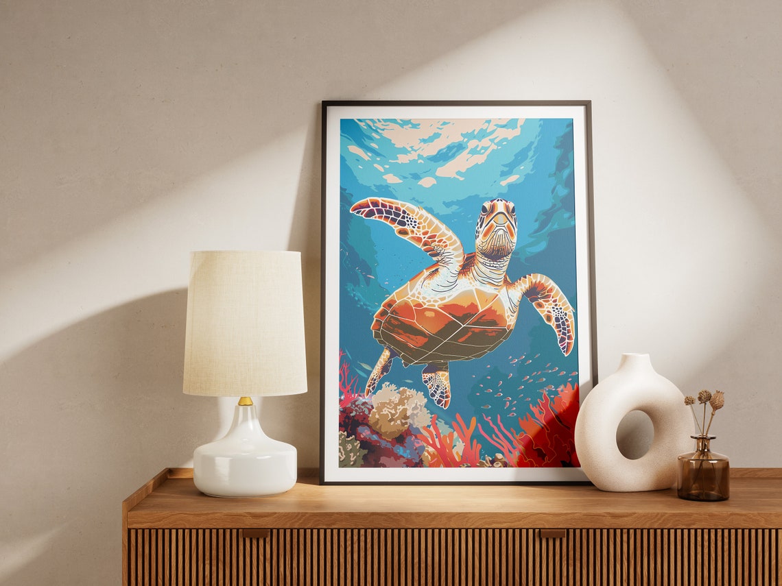 Bright Sea Turtle Gliding Over Colorful Coral Reef Ocean Poster - Image 2