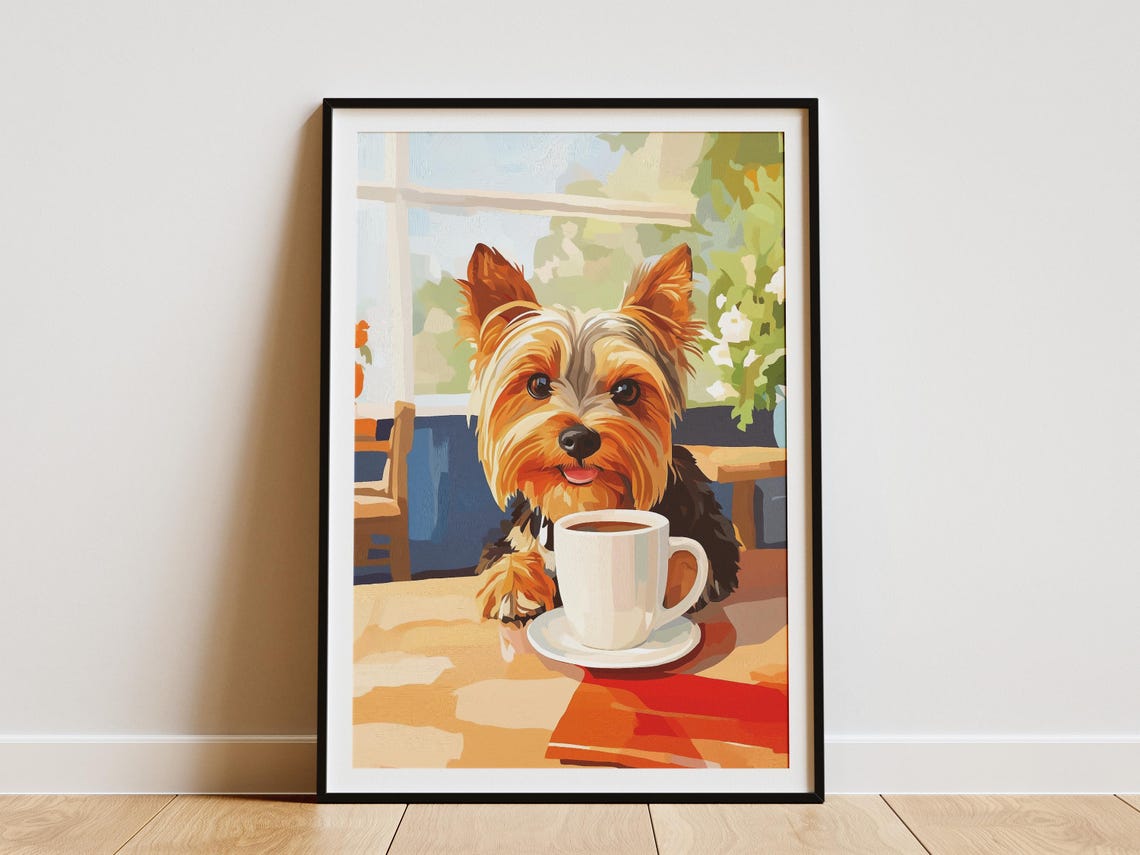 Yorkshire Terrier Puppy With Coffee Cup Cozy Cafe Art Poster