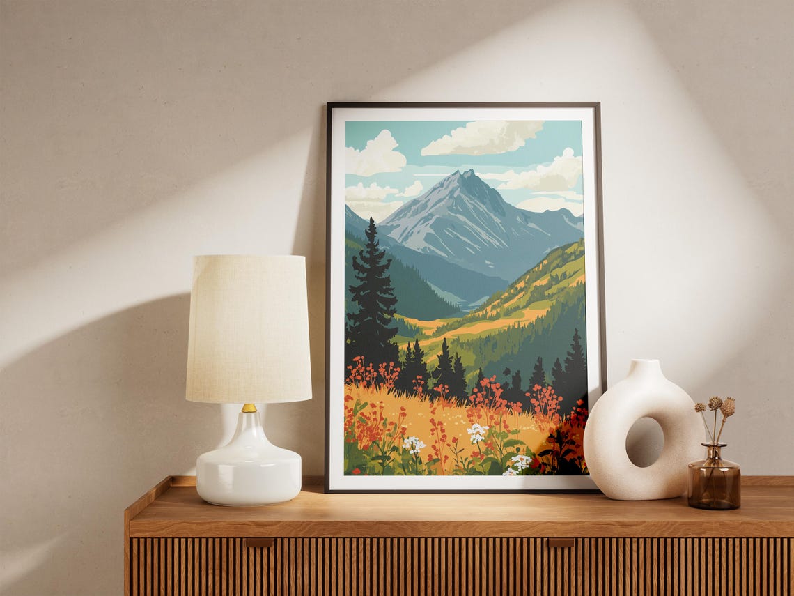 Caucasus Mountains Snowy Peak Wildflower Meadow Pines Poster - Image 5