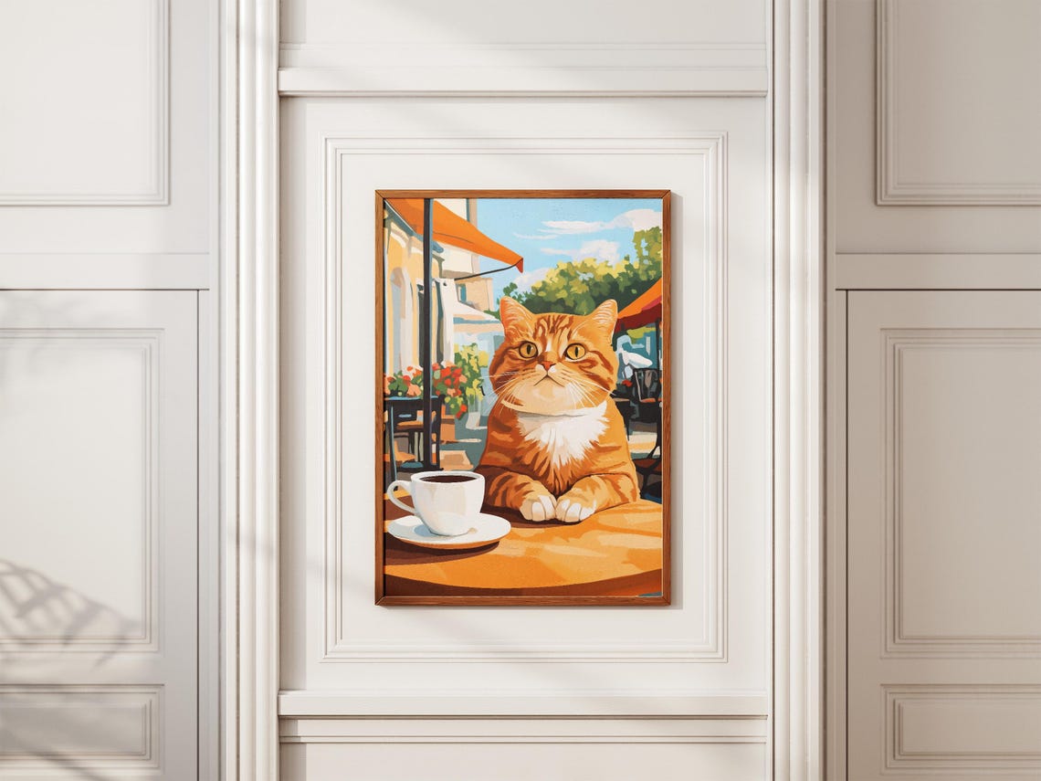 Scottish Fold Cat Art Print, Cozy Cafe Coffee Poster - Image 2