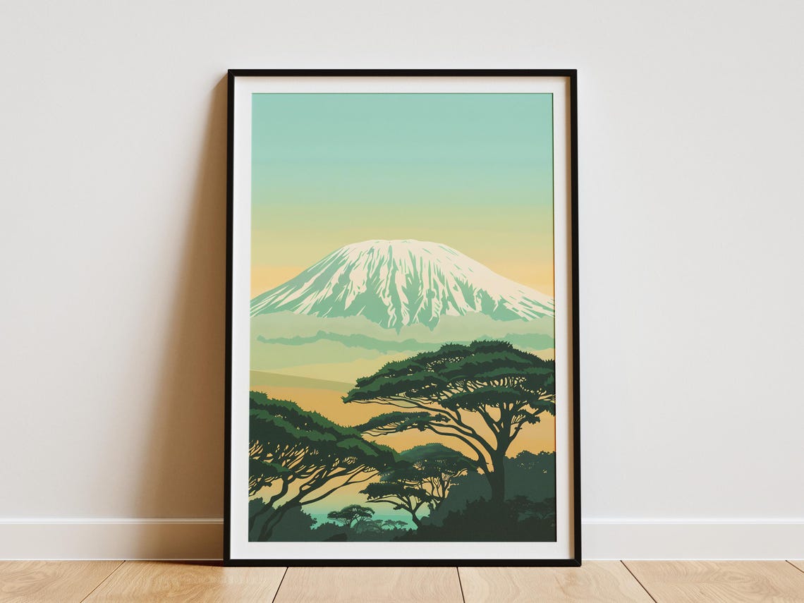 Snow Capped Volcano Acacia Trees Savannah Pastel Landscape Poster