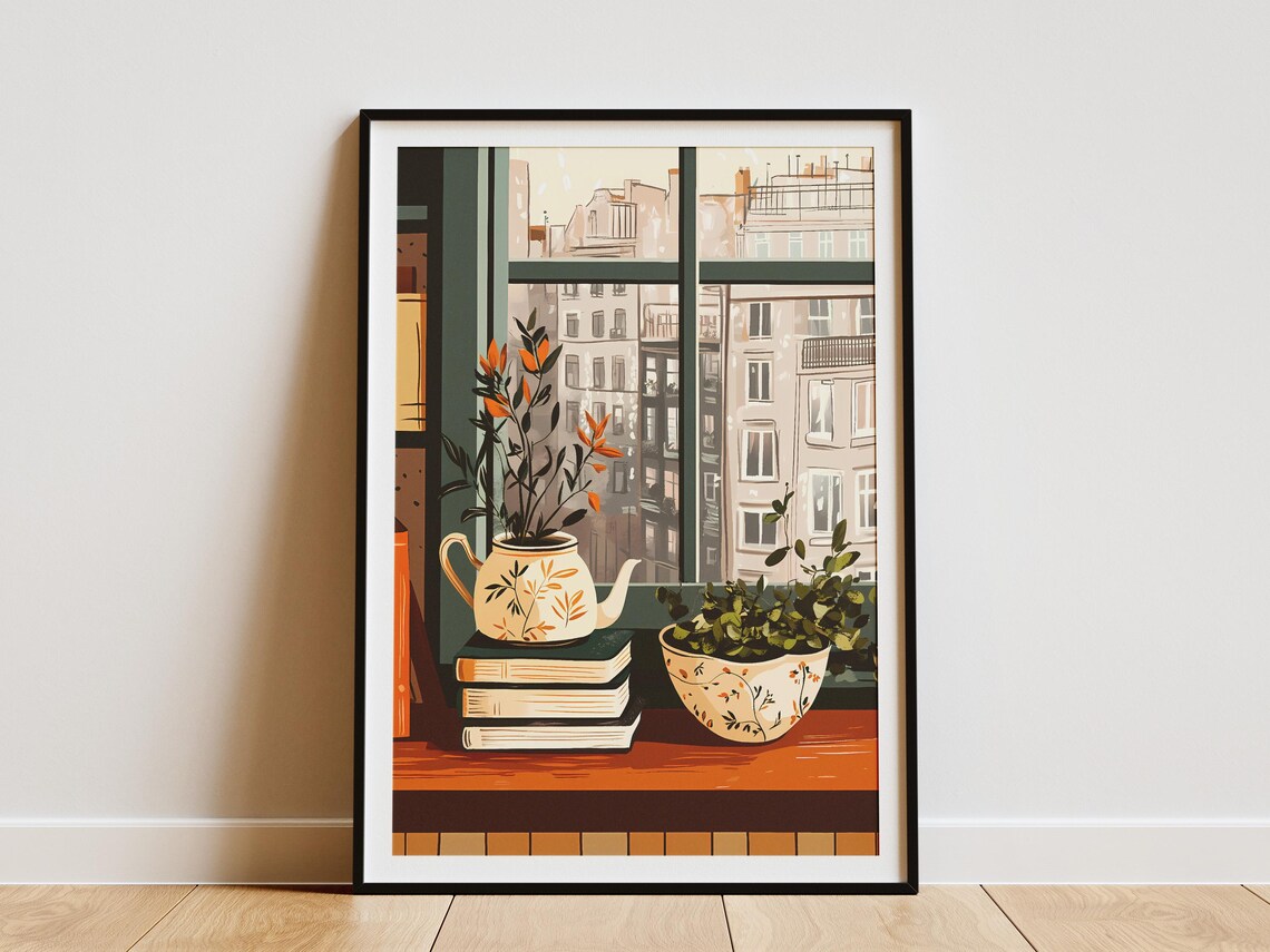 Teapot Planter Stacked Books City Window Botanical Still Life Poster