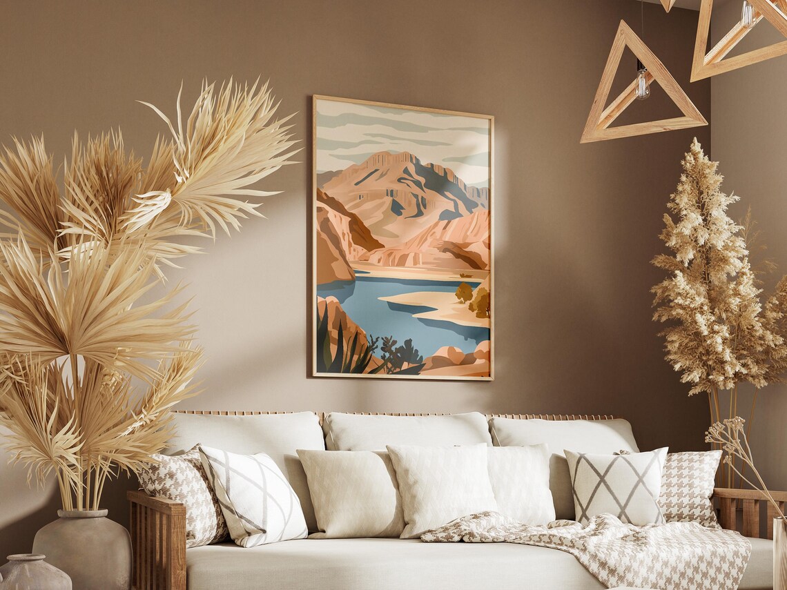Desert Canyon With Blue Lake And Beige Mesa Mountains Poster - Image 3